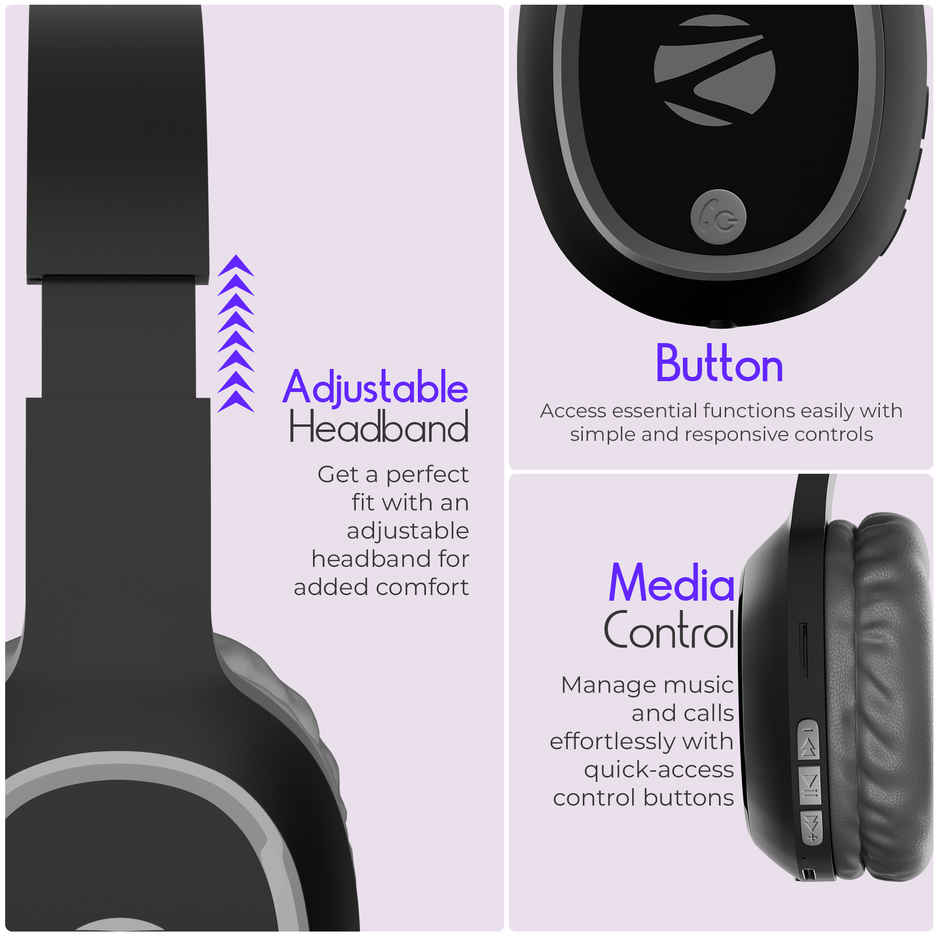 ZEBRONICS THUNDER Bluetooth 5.3 Wireless Headphones with 60H Backup, Gaming Mode, Dual Pairing, ENC, AUX, Micro SD, Voice assistant, Comfortable Earcups, Call Function - Black