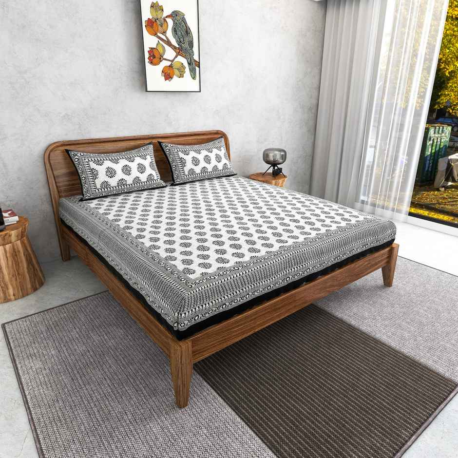 Furnofy King Size 100% Cotton Jaipuri Print Bedsheet, 2 Pillow Covers | Black Keri | B&W | 90x108in