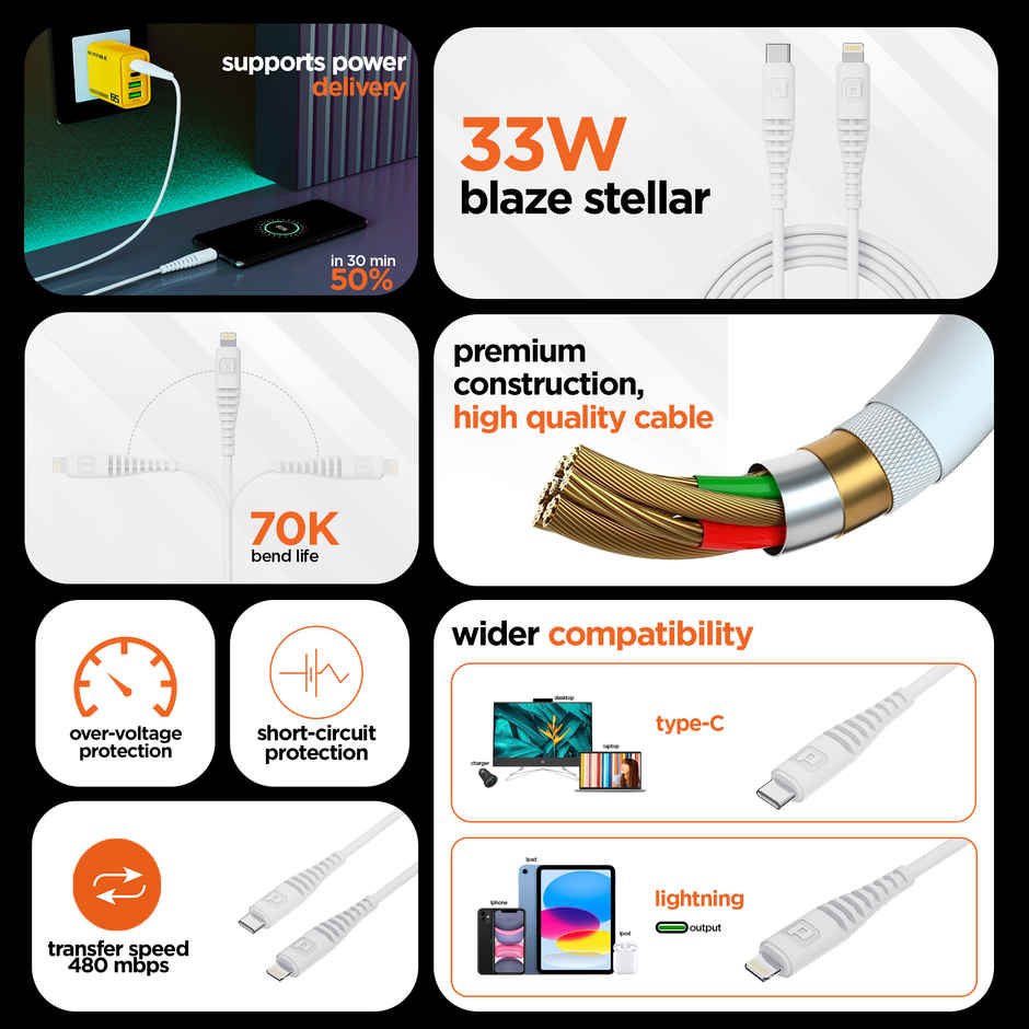 Dubstep Blaze Stellar 33W Type-C To Type-L Data Fast Charging Compatible & Data Sync Cable with Overheat Protection | 70k Insertion Tested - White
