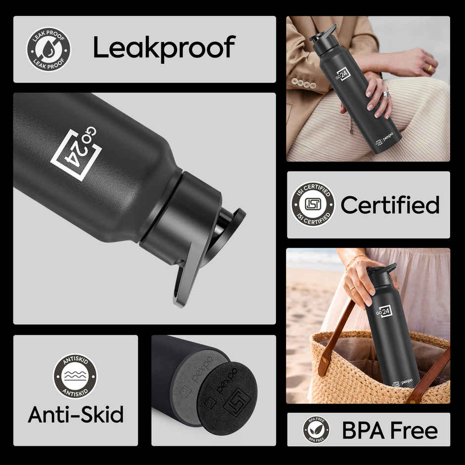 Go24 | Pexpo Stainless Steel Chromo Sports/Fridge Sipper Water Bottle | Knight Black | 1 L