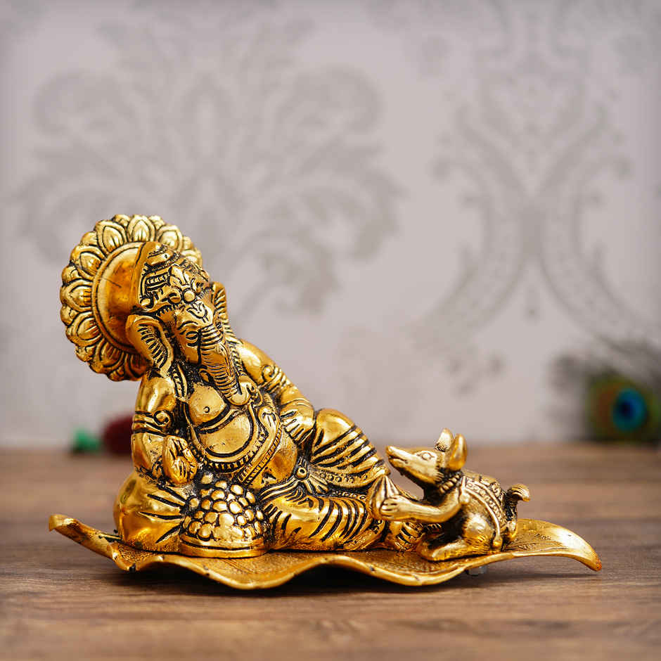 eCraftIndia Golden Resting Ganesha With Mushak Metal Decorative Showpiece