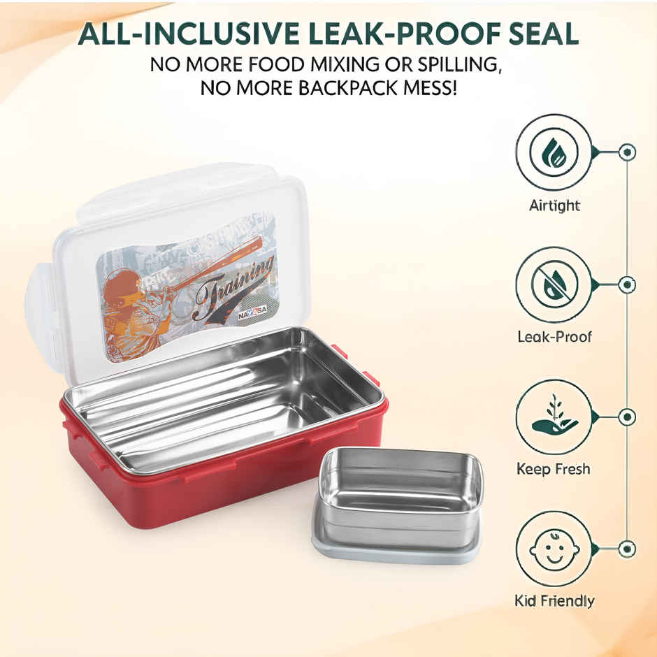 Nayasa Steel Super Lock Inner Stainless Steel Insulated Lunchbox for Kids | Red