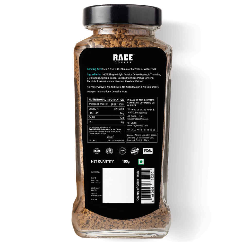Rage Coffee Irish Hazelnut Flavour Premium Arabica Medium Roast Organic Instant Coffee