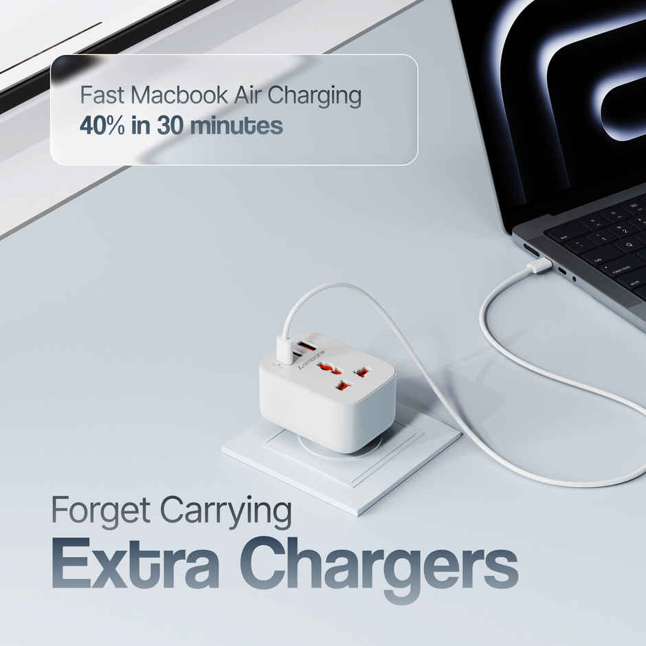 Ambrane X33 White 33W Fast Charger | 4-in-1 USB | 2 Type-C | AC Socket | 2500W Boost | White