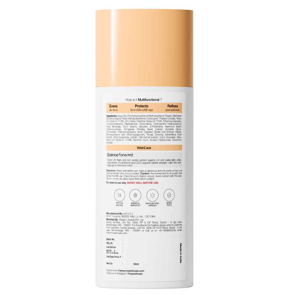 WishCare Daily Tinted Fluid Sunscreen SPF50PA++++ | M201 | All Skin Type | InVivo Tested