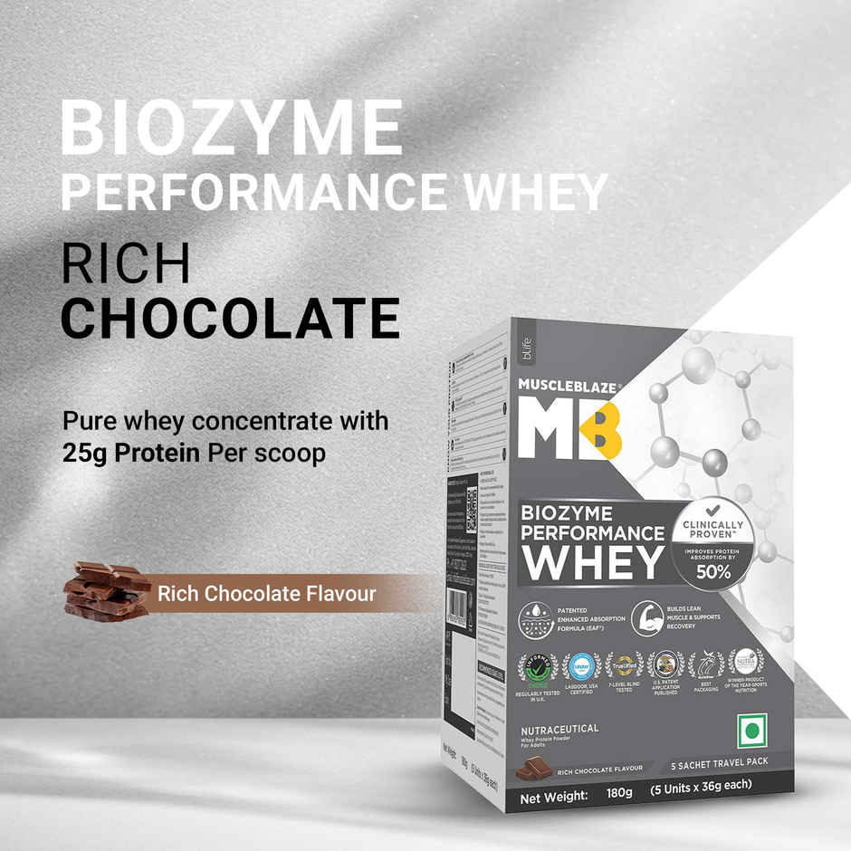 MuscleBlaze Biozyme Performance Whey Protein Powder Pack (Rich Chocolate)