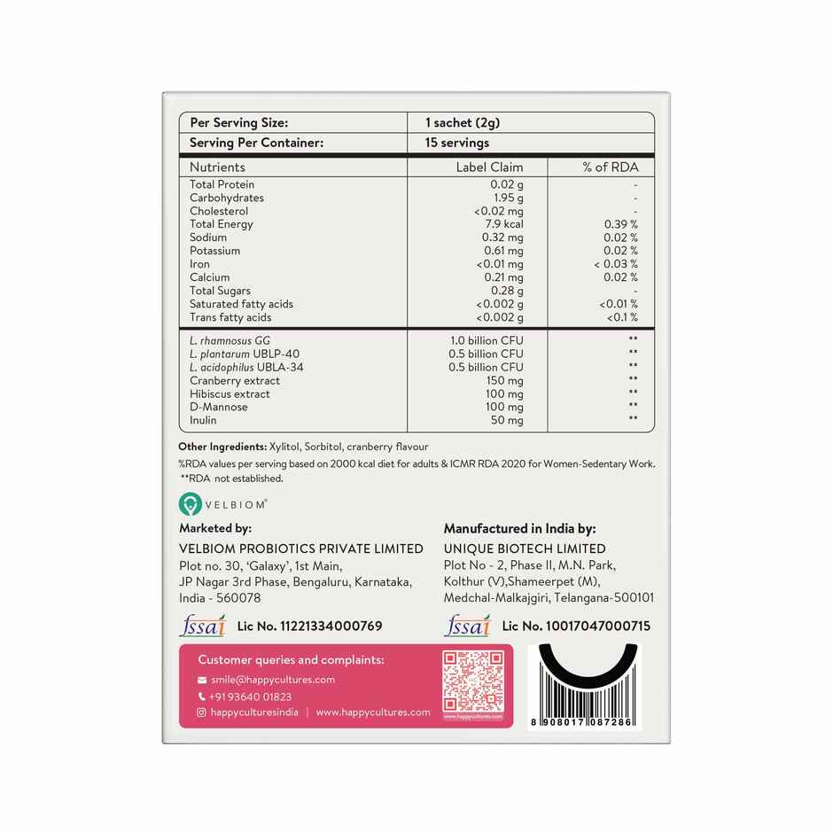 Happy Cultures Bye Bye UTI | D-Mannose, Cranberry, Hibiscus & Probiotics for Urinary Tract Health | 15 Pcs