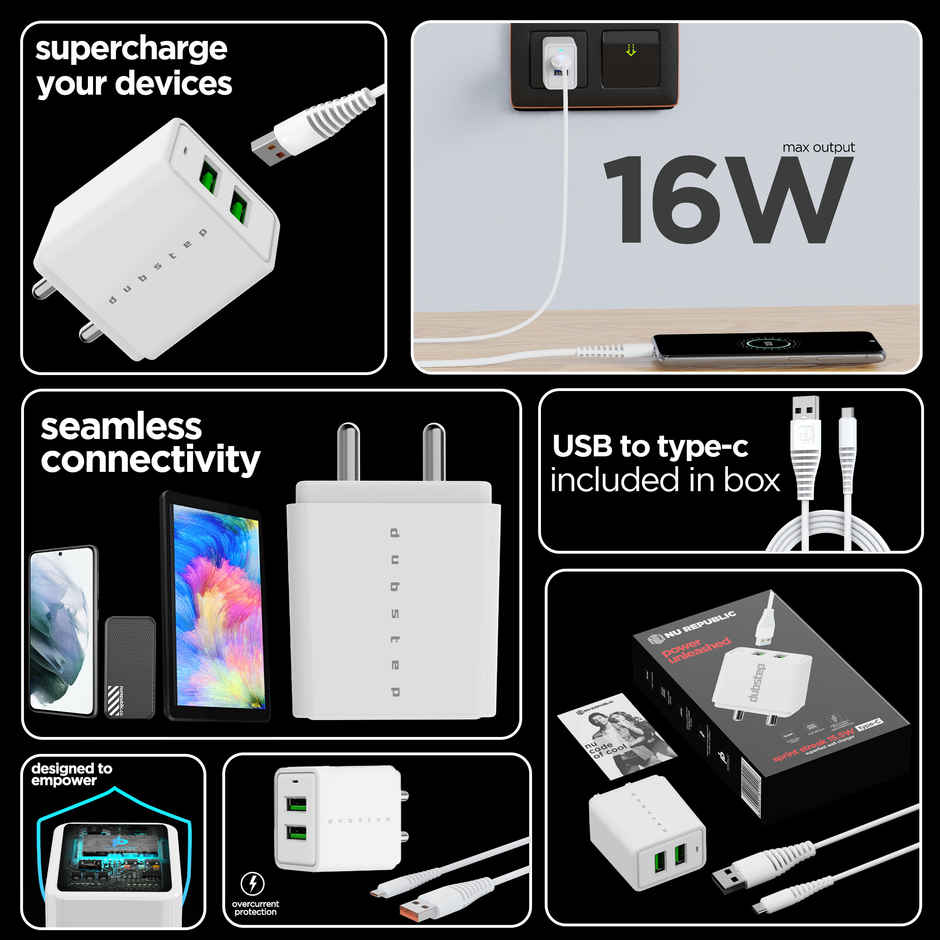 Dubstep Sprint 16W Dual USB Port Wall Charger with 1M Type-C Cable, Multi-Layer Smart Chip Protection, Fast Charging Adaptor for All iOS & Android Devices - White