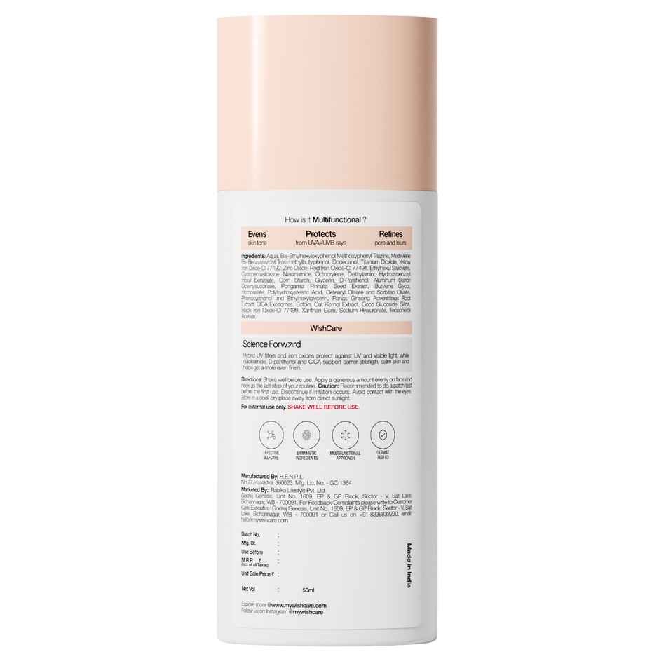 WishCare Daily Tinted Fluid Sunscreen SPF50PA++++ | L101 |All Skin Type | InVivo Tested