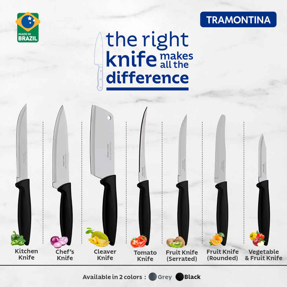 Tramontina Plenus Stainless Steel Vegetable and Fruit Knife/Chaku, 7cm/2.7 inch | Black | Straight/Plain Edge Knife | Polypropylene Handle | Dishwasher Safe | 5 Year Warranty | Made in Brazil