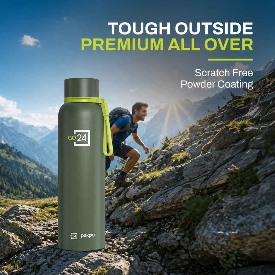Go24 | Pexpo Bravo Hot & Cold ISI Certified Insulated Thermosteel Water Bottle | Military Green | 1 L