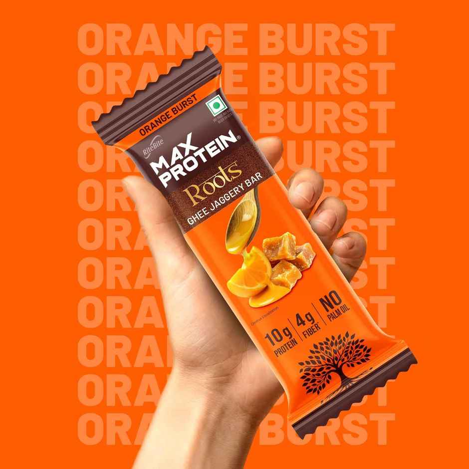 Max Protein Roots Ghee Jaggery 10g Protein Bar | Orange Burst | No Palm Oil | 4g Fiber