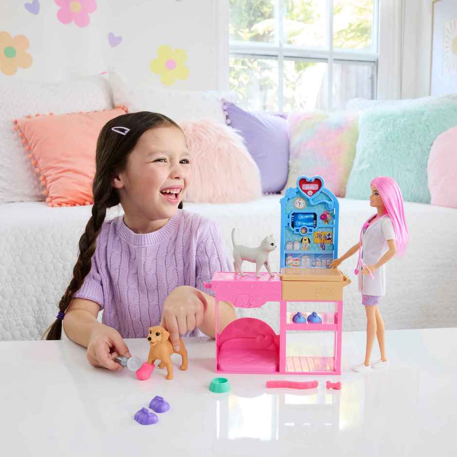 Barbie Fast Cast Veterinarian Clinic Playset with Pink Colored Hair Fashion Doll