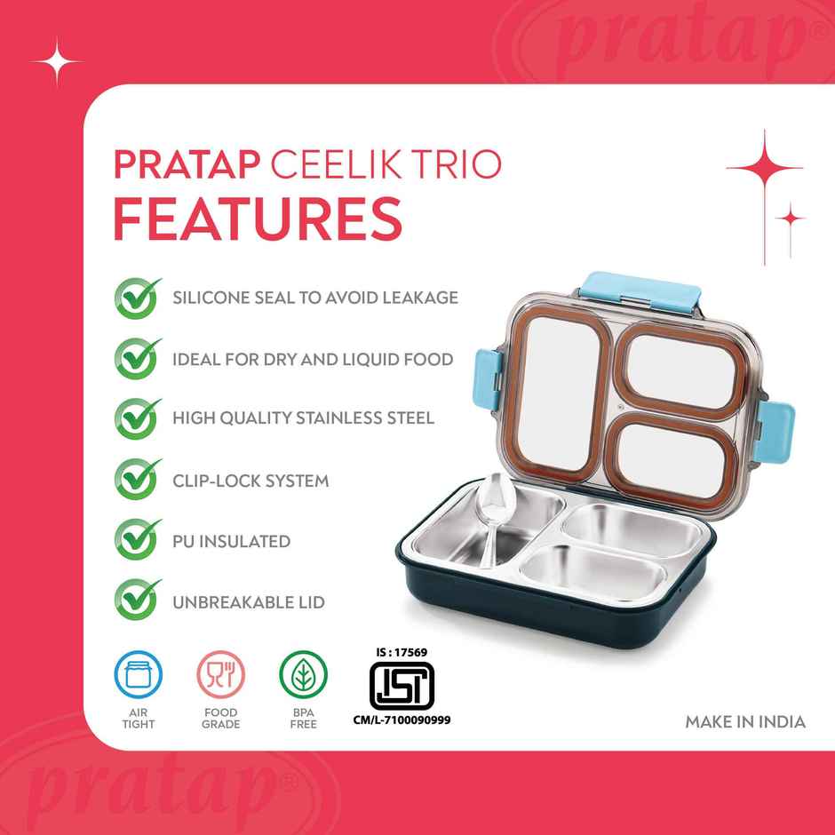 Stainless Steel Insulated Lunch Box with Three Compartments Leak Proof, BPA Free for School Office
