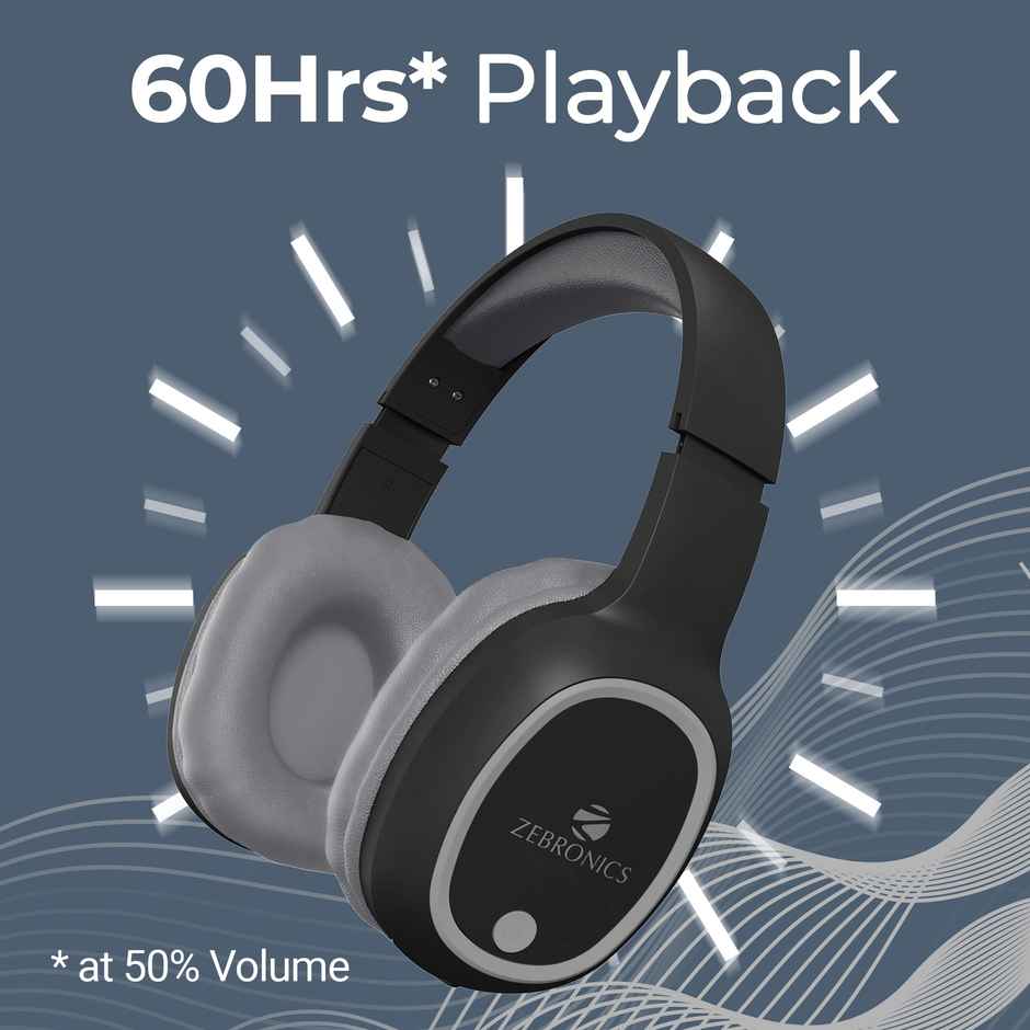 ZEBRONICS THUNDER Bluetooth 5.3 Wireless Headphones with 60H Backup, Gaming Mode, Dual Pairing, ENC, AUX, Micro SD, Voice assistant, Comfortable Earcups, Call Function - Black