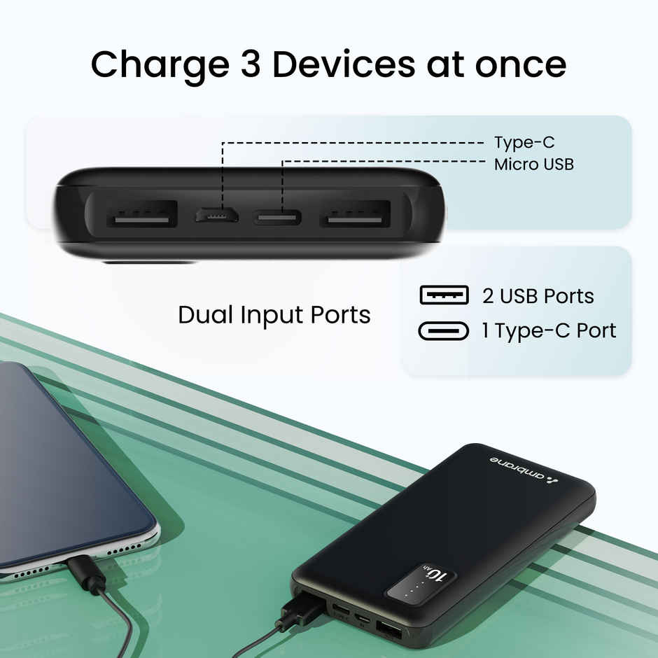 Ambrane 10000mAh Power Bank 10.5W Fast Charging Triple Outputs With USB-C Compact Powerbank | Black