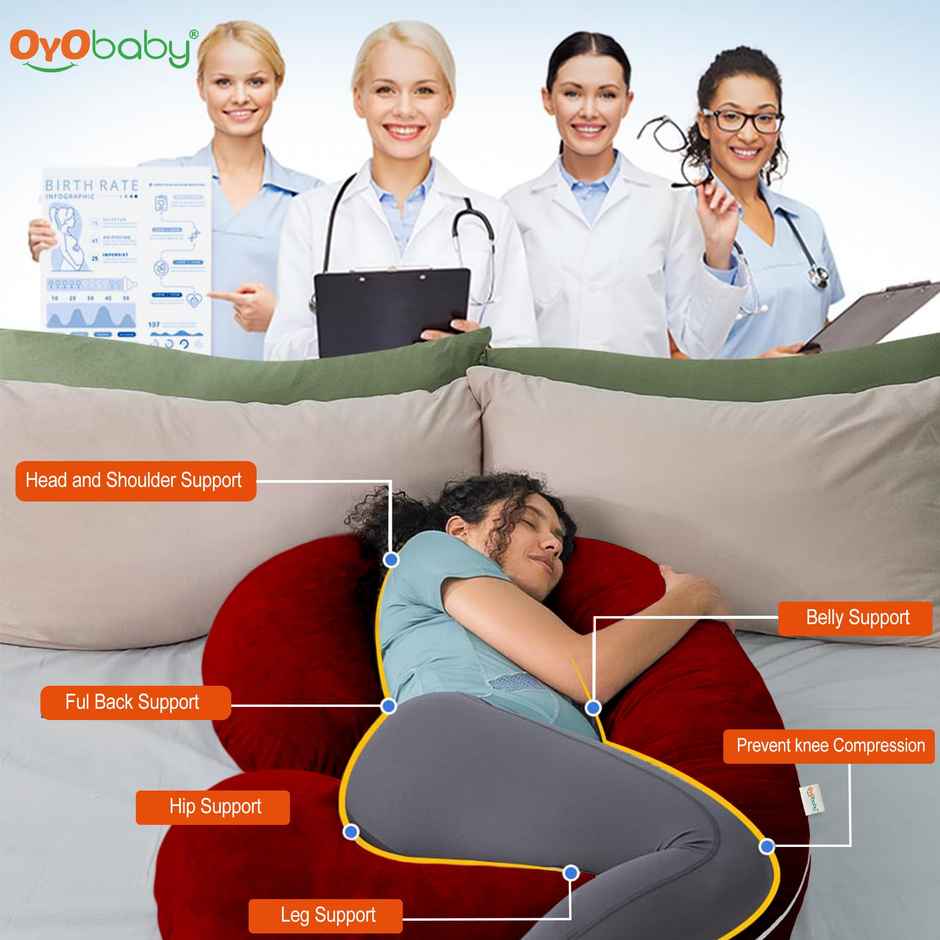 Oyo Baby C Shaped Pregnancy Pillow For Sleeping, Washable Premium Velvet Cover Maroon
