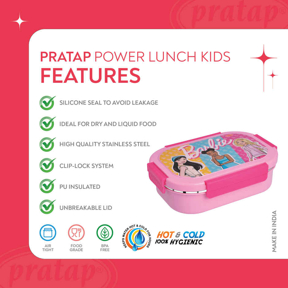 Barbie Kids Stainless Steel Insulated Lunch Box with Container Spoon Leak Proof , BPA Free | Pratap