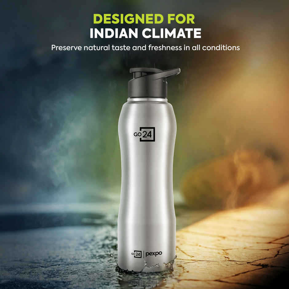Go24 | Pexpo Bistro 1000 ml Sports And Hiking Stainless Steel Water Bottle (Pack Of 1 Silver Steel)