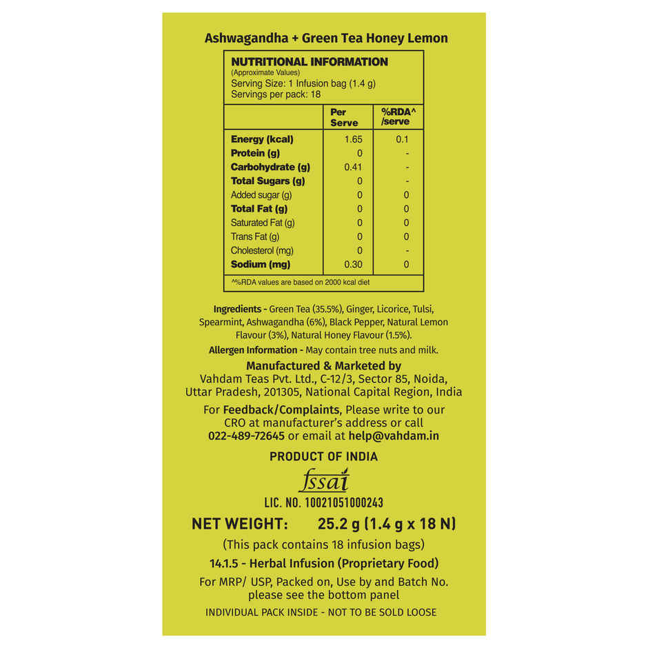 Vahdam Ashwagandha Green Tea Honey Lemon