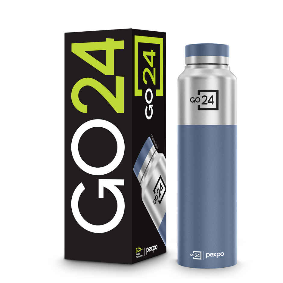 Go24 | Pexpo Crown Stainless Steel Sports | Fridge Water Bottle | Silver-Denim Blue