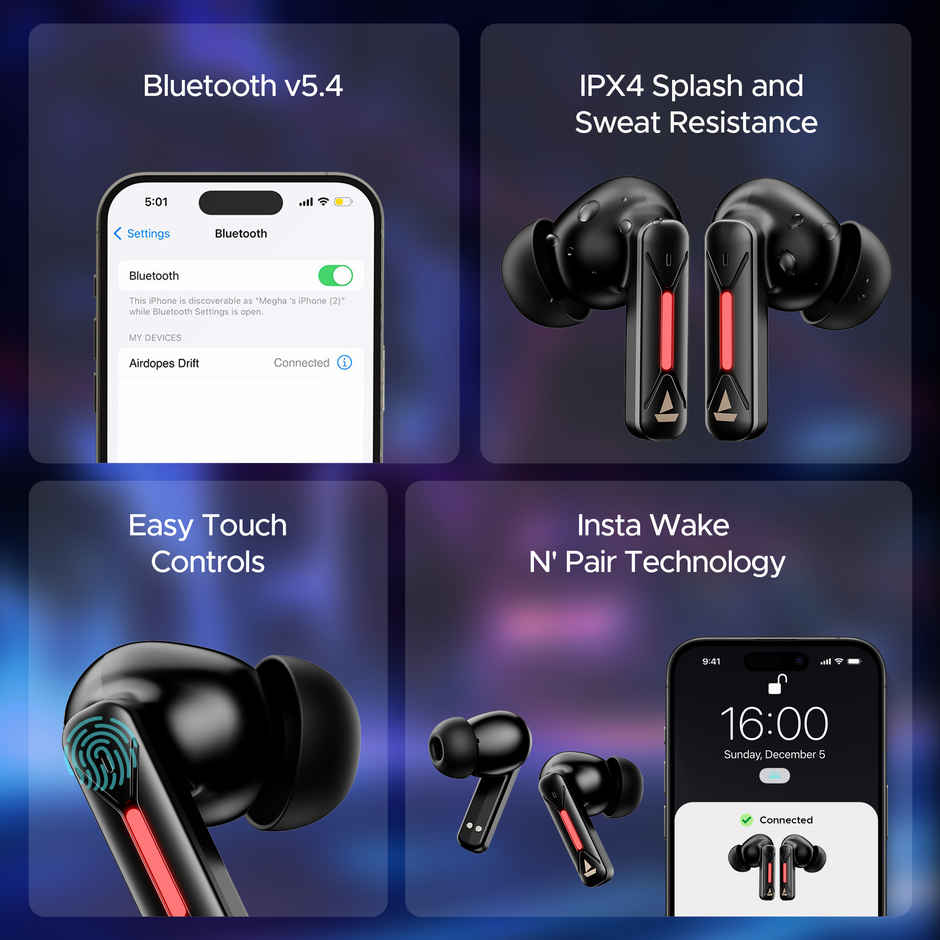 boAt Airdopes Drift in Ear TWS Earbuds, 40hrs Playback, Beast Mode(40ms Latency), 4 Mics with ENx, Car-Shaped ID with RGB LEDs, ASAP Charge, IWP Tech, BT v5.4 & IPX4 Resistance - Black Sabre