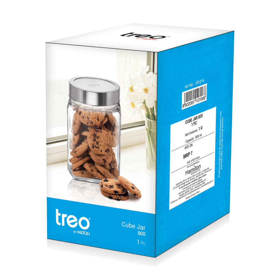 Treo by Milton Cube Storage Glass Jar 800 ml Transparent BPA Free Kitchen Storage Container