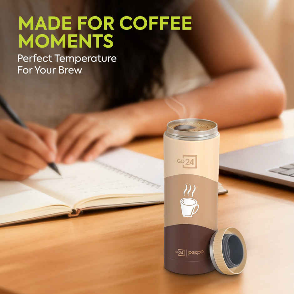 Go24 | Pexpo Vacuum Insulated UV Bottle, Stainless Steel Hot & Cold Flask | Brown
