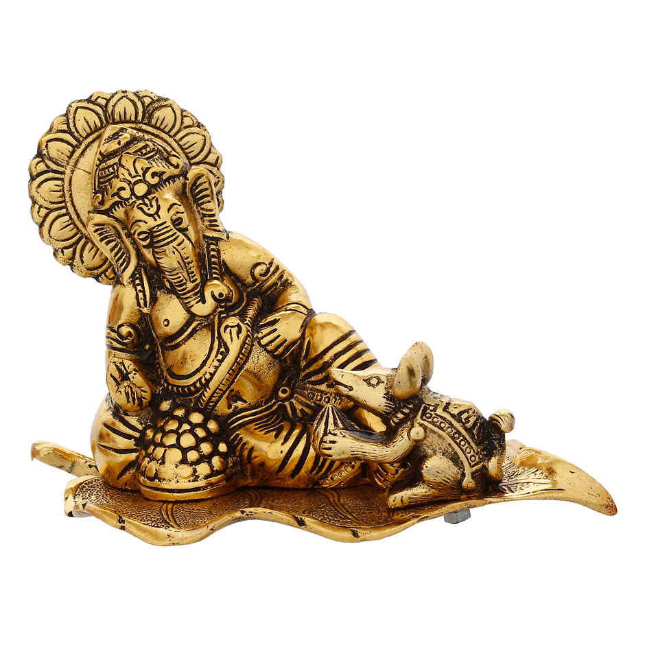 eCraftIndia Golden Resting Ganesha With Mushak Metal Decorative Showpiece