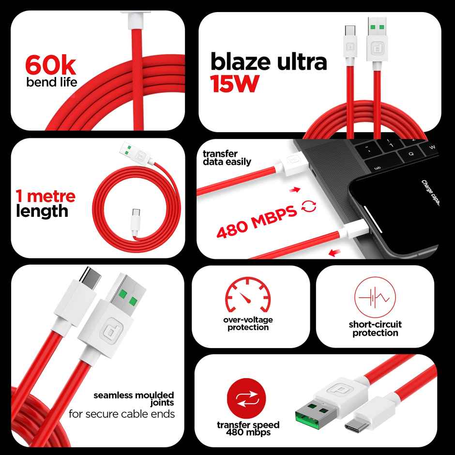 Dubstep Blaze Ultra 15W USB A to Type C 1m Fast Charging Data Cable | Red