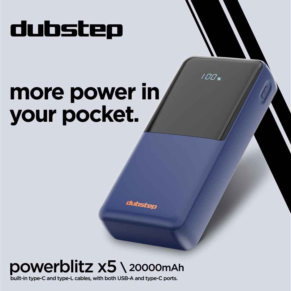 Dubstep Powerblitz X5 22.5W 20000 mAh Fast Charging Power Bank with Inbuilt Type C Blue