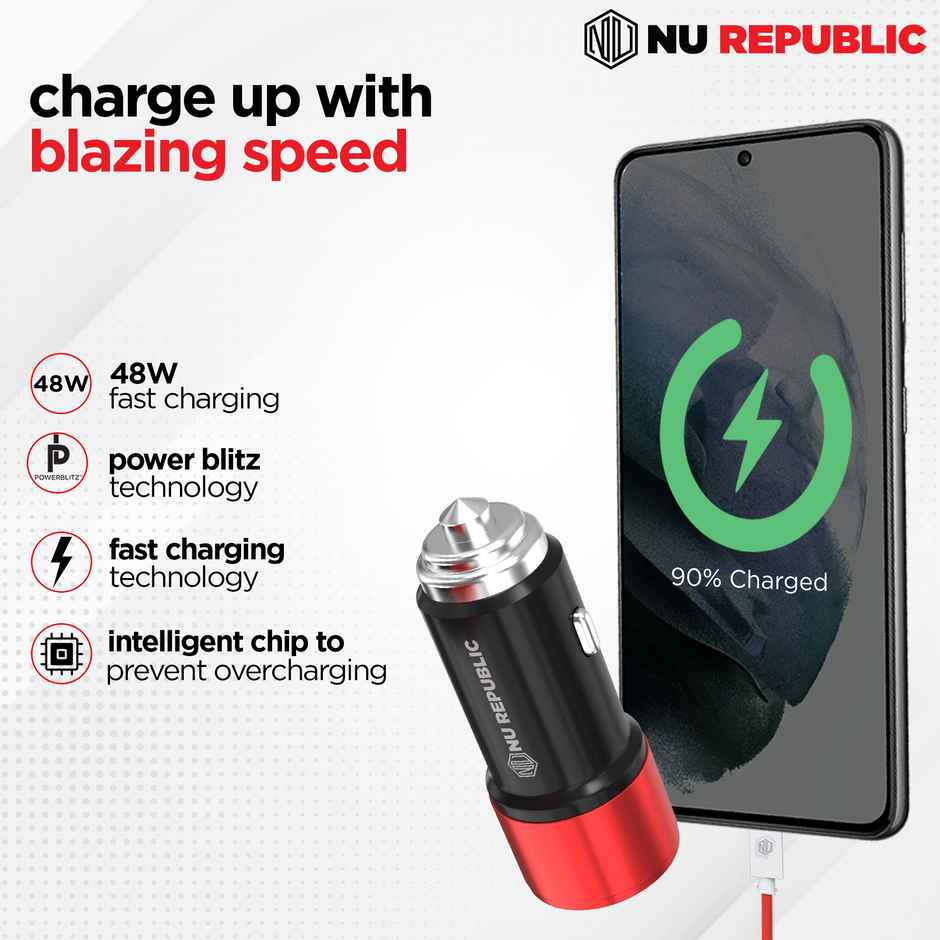 Nu Republic Swift All-in-one 48W Dual Port USB & Type-C Superfast Car Charger (Black/Red)