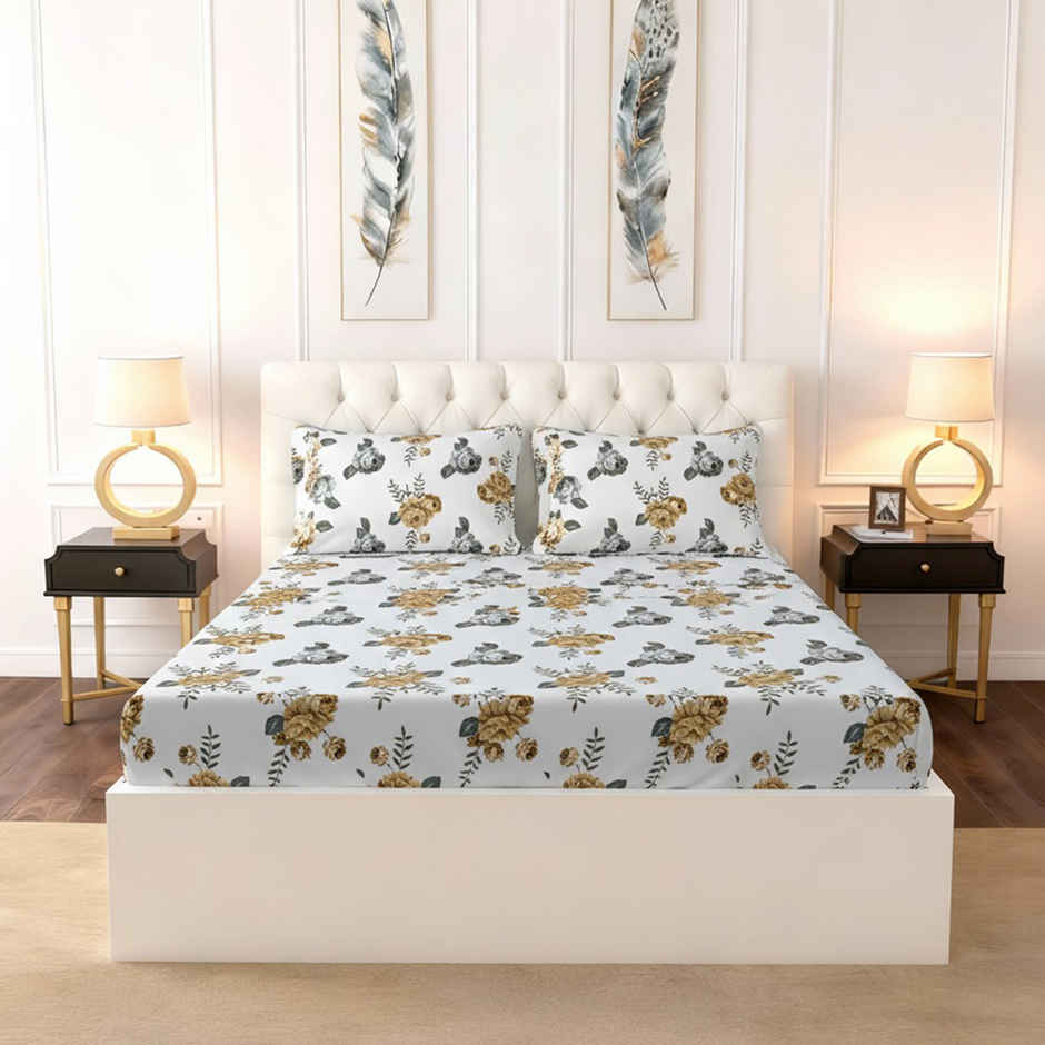Raymond Home 120 GSM Hazel Floral Double Bedsheet with 2 Pillow Covers White
