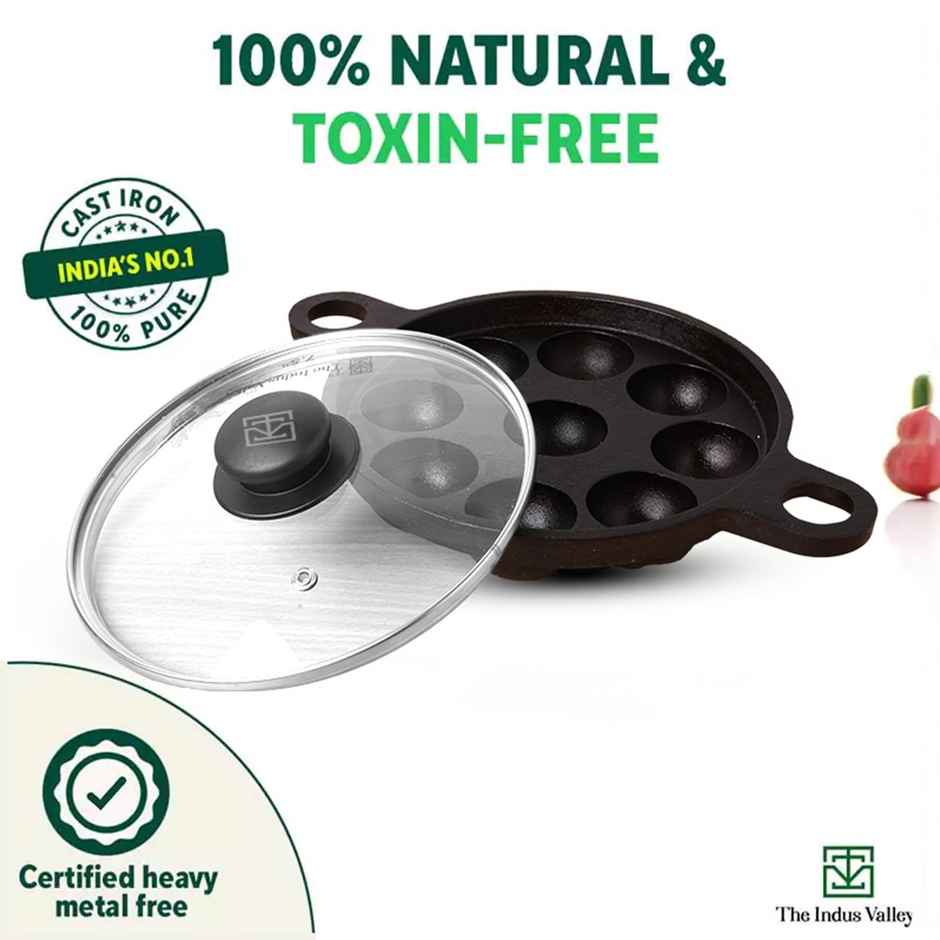 The Indus Valley Super Smooth Cast Iron Paniyaram Pan with Glass Lid | 9 Pit, 20.8cm/8.2inch, 2.7kg