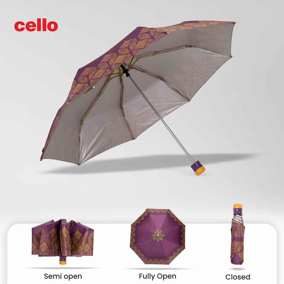 Cello Drizzle 21.5 Inch 3 fold Mix Print Silver Umbrella | Maroon Yellow