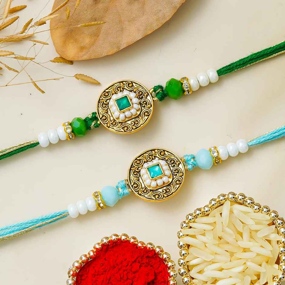 Kundan Pearls Beads Designer Rakhis for Bhai, Bhaiya, Bhabhi and Kids with Roli Chawal | Set of 2 | Abstract Rakhi | Ecraftindia