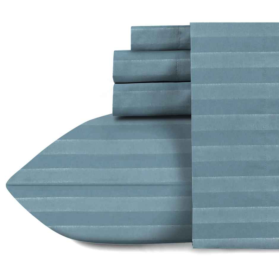 Naksh 100% Cotton 210 Tc Stripes Super King Bedsheet With 2 Pillow Covers - Jean Blue