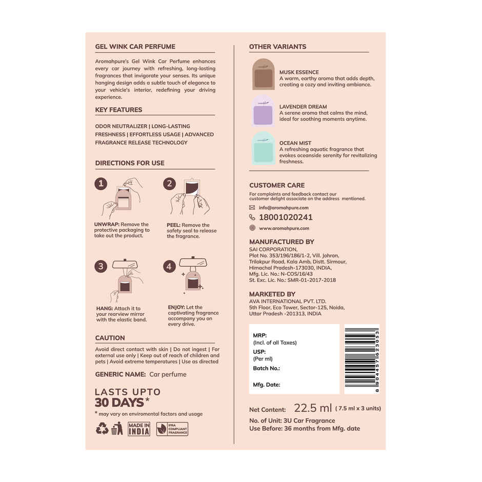 Aromahpure Gel Wink Car Perfume - Lemon | Sandalwood | Berry | Pack of 3 | 30 Days Combo