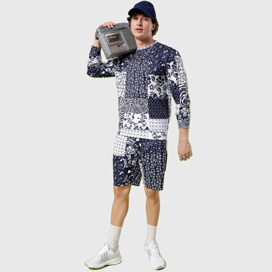 The Indian Garage Co Men's Regular Fit Paisley Printed Casual Co-ord Set | Navy Blue - L