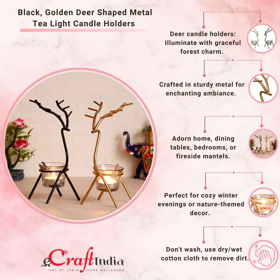 eCraftIndia Black and Golden Deer Shaped Metal Tea Light Candle Holders Set