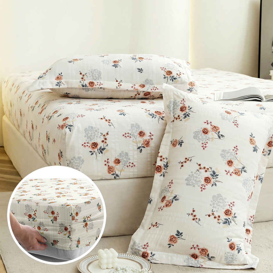 Story@Home Cotton Blend King Fitted 210 TC Floral Bedsheet with 2 Pillow Covers | White & Brown