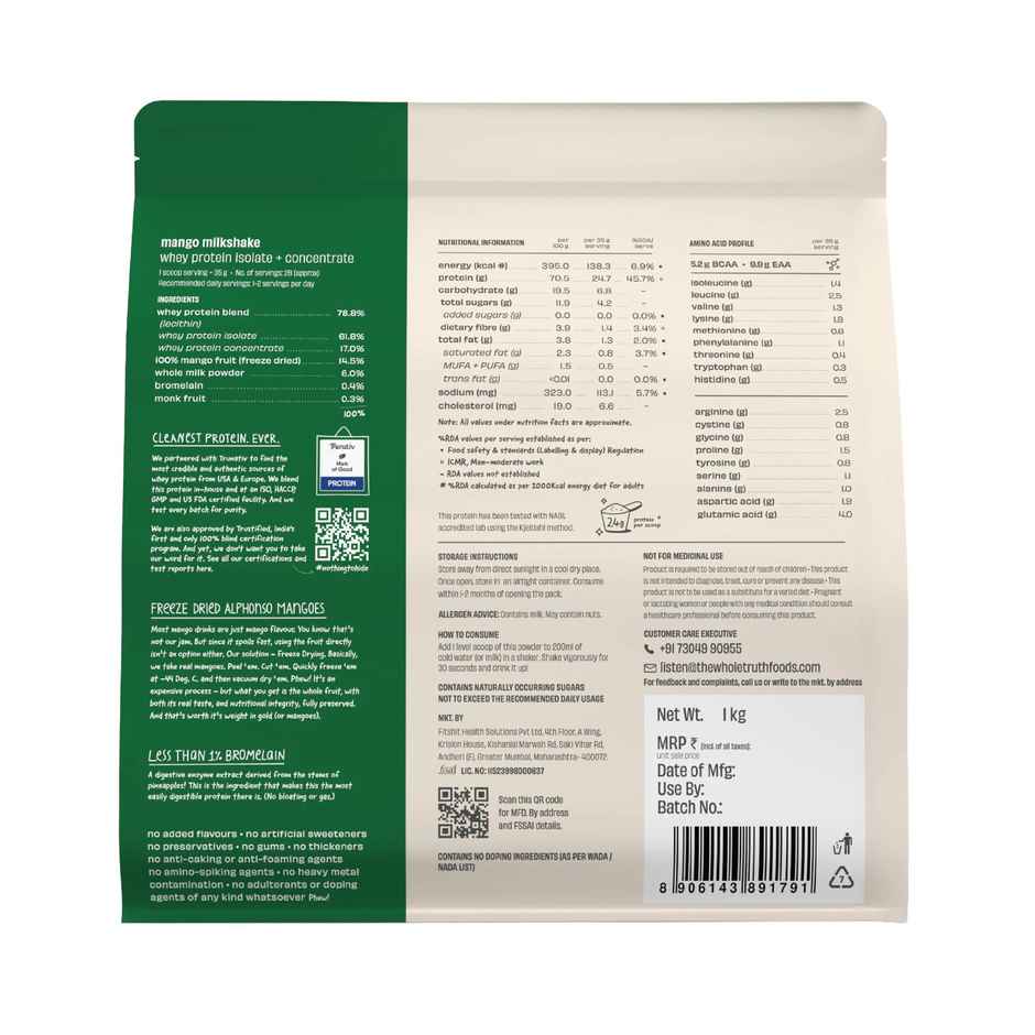 The Whole Truth Whey Protein Isolate+Concentrate Mango Milkshake I 24g Protein