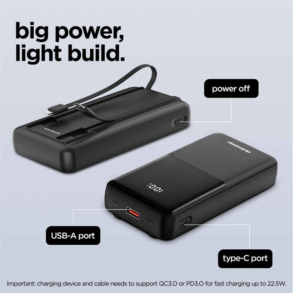 Dubstep Powerblitz X5 20K 22.5W 20000 mAh Power Bank with Inbuilt Type C & Lightning Cable | Black