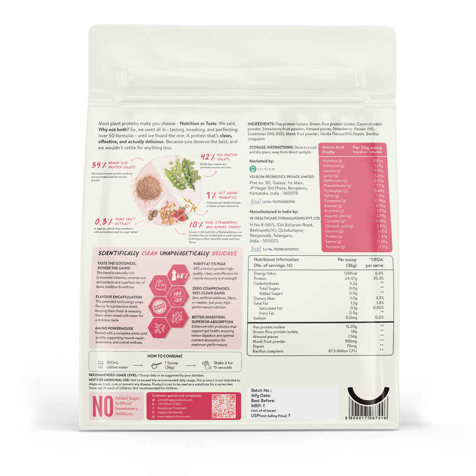 Happy Cultures Plant Protein | Real Strawberry with Almond |24G Protein | Pea & Brown Rice Protein