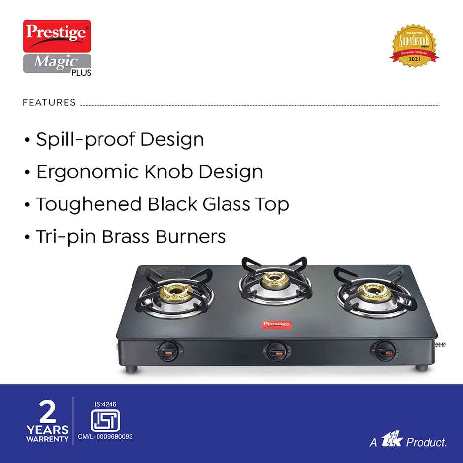 Prestige Magic Plus GTMP 03 LP Gas Stove,3Brass Burners,Toughened Black-Glass Top,2Y Warranty,Black