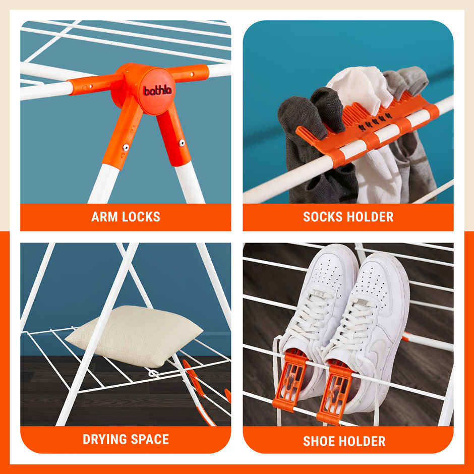 Bathla Foldable Cloth Drying Stand for Home - Neo | Steel | Heavy Duty, Lightweight | Orange