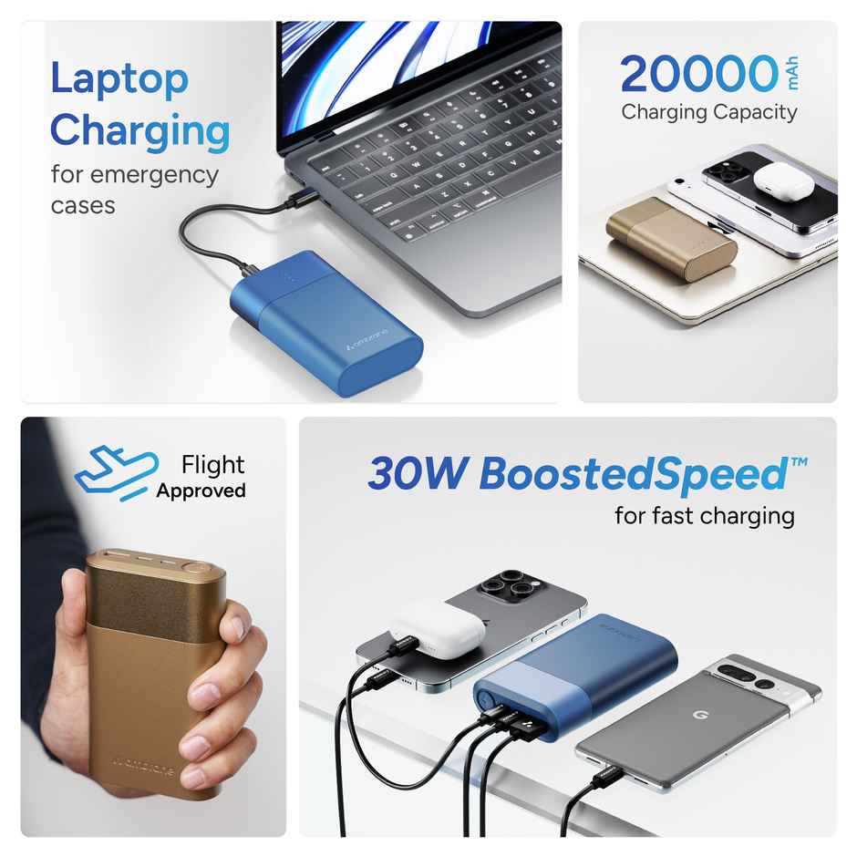 Ambrane 20000 mAh 33W Fast Charging Power Bank for Laptop Charging | 1 USB & 2 Type-C | Blue