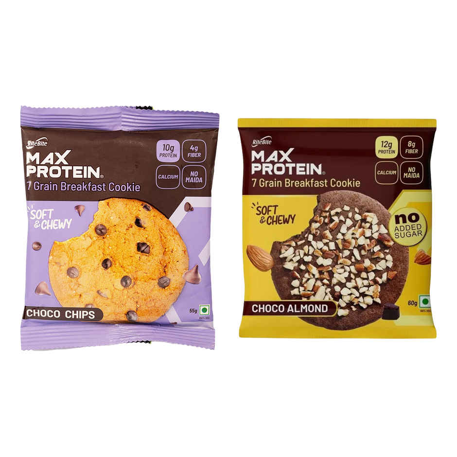 Ritebite Max Protein Cookie Choco Chips, No Maida Multigrain Premium Biscuit Cookies (55g) & Ritebite Max Protein Cookie Choco Almond, Sugar Free Premium Biscuit Cookies (60g) Combo