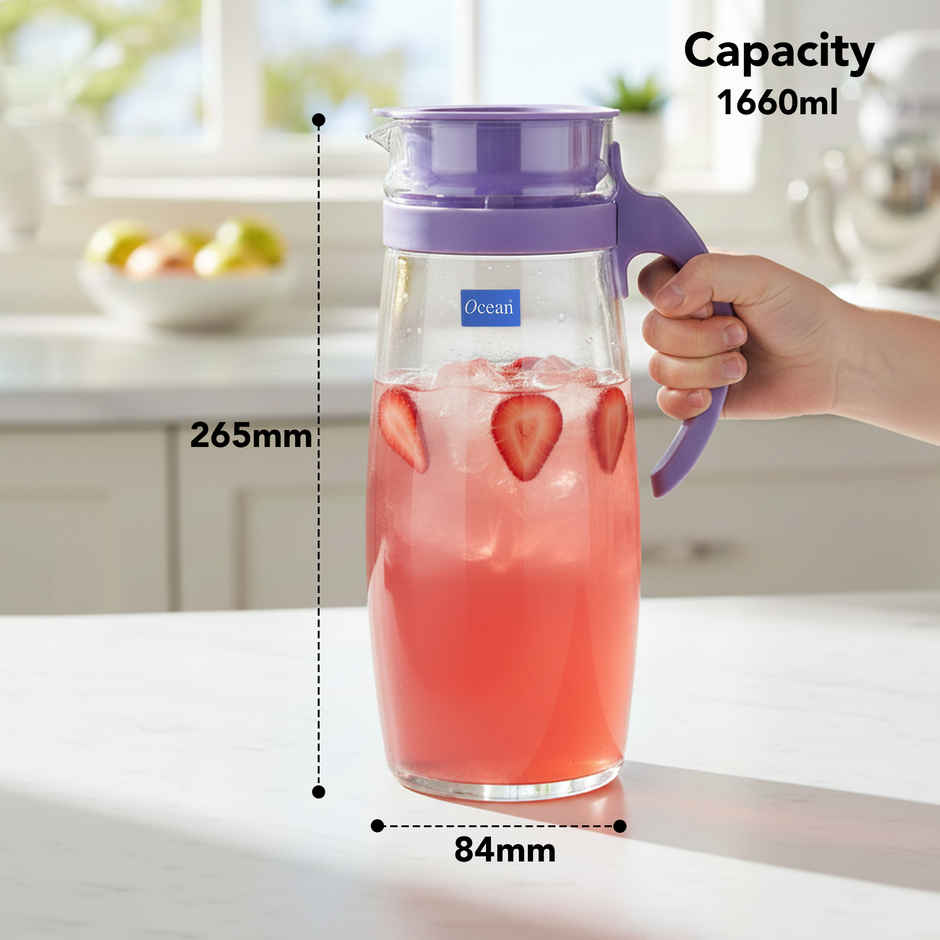 Ocean Divano Pitcher Water Glass Jug | 1.6 L | Transparent | Purple Lid