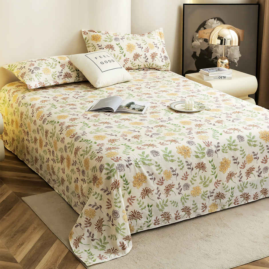 Story@home 210 TC Cotton Blend King Size Floral Flat Bedsheet with 2 Pillow Covers|Off White, Yellow
